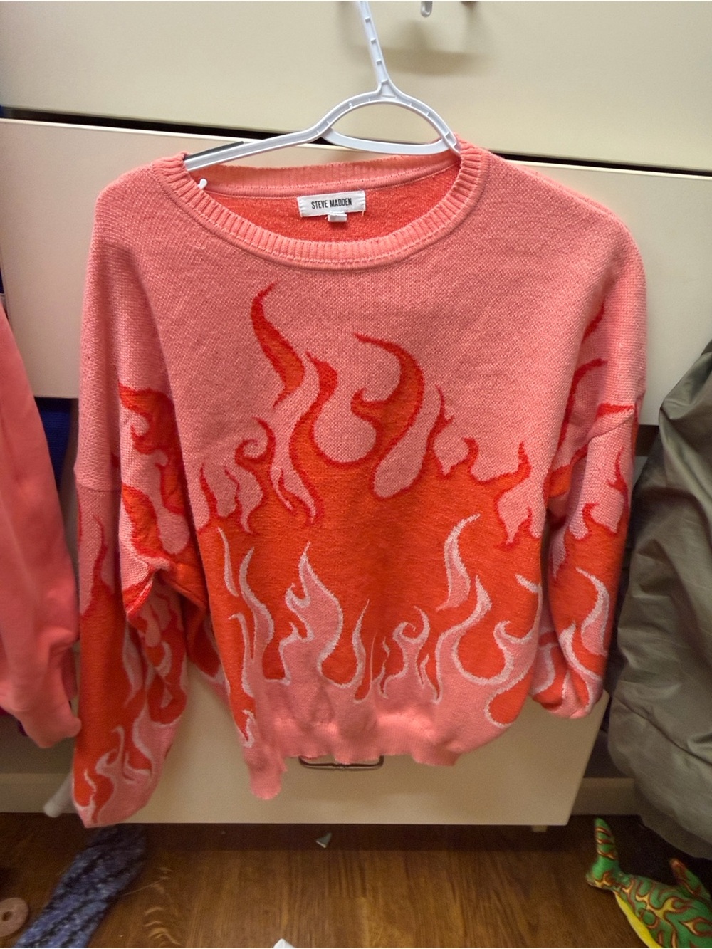 Steve Madden Coral Pink Crewneck Sweater with Orange Flame Motif